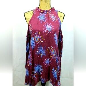 Free People Cold Shoulder Blouse Burgandy Floral Draped Fit Long Sleeve Sz Small